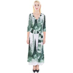 Tree Watercolor Painting Pine Forest Quarter Sleeve Wrap Maxi Dress