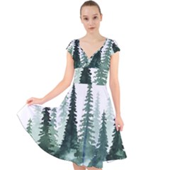 Tree Watercolor Painting Pine Forest Cap Sleeve Front Wrap Midi Dress