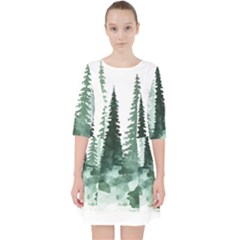 Tree Watercolor Painting Pine Forest Quarter Sleeve Pocket Dress