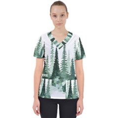 Tree Watercolor Painting Pine Forest Women s V-Neck Scrub Top