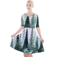 Tree Watercolor Painting Pine Forest Quarter Sleeve A-Line Dress