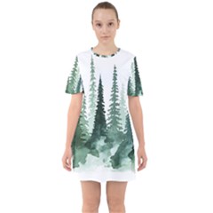 Tree Watercolor Painting Pine Forest Sixties Short Sleeve Mini Dress