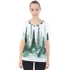 Tree Watercolor Painting Pine Forest V-Neck Dolman Drape Top