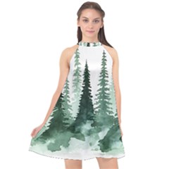 Tree Watercolor Painting Pine Forest Halter Neckline Chiffon Dress 