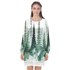 Tree Watercolor Painting Pine Forest Long Sleeve Chiffon Shift Dress 