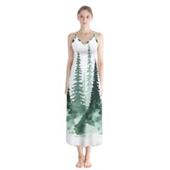 Tree Watercolor Painting Pine Forest Button Up Chiffon Maxi Dress