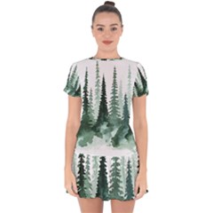 Tree Watercolor Painting Pine Forest Drop Hem Mini Chiffon Dress