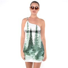 Tree Watercolor Painting Pine Forest One Shoulder Ring Trim Bodycon Dress