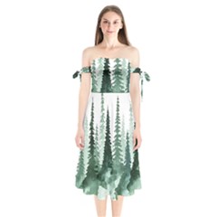 Tree Watercolor Painting Pine Forest Shoulder Tie Bardot Midi Dress