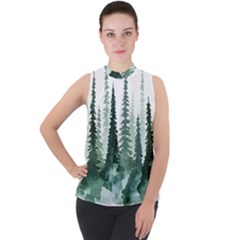 Tree Watercolor Painting Pine Forest Mock Neck Chiffon Sleeveless Top
