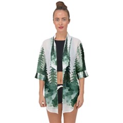 Tree Watercolor Painting Pine Forest Open Front Chiffon Kimono