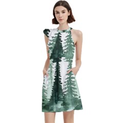 Tree Watercolor Painting Pine Forest Cocktail Party Halter Sleeveless Dress With Pockets