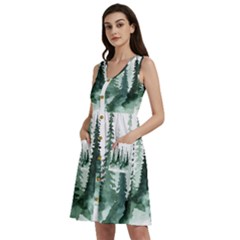 Tree Watercolor Painting Pine Forest Sleeveless Dress With Pocket