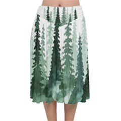 Tree Watercolor Painting Pine Forest Velvet Flared Midi Skirt
