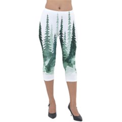 Tree Watercolor Painting Pine Forest Lightweight Velour Capri Leggings 