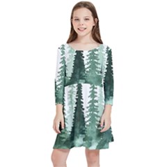 Tree Watercolor Painting Pine Forest Kids  Quarter Sleeve Skater Dress