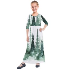 Tree Watercolor Painting Pine Forest Kids  Quarter Sleeve Maxi Dress