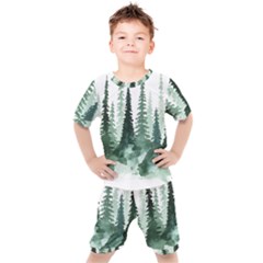 Tree Watercolor Painting Pine Forest Kids  T-shirt And Shorts Set