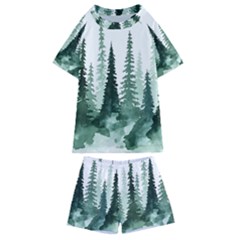 Tree Watercolor Painting Pine Forest Kids  Swim T-Shirt and Shorts Set