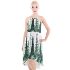 Tree Watercolor Painting Pine Forest High-low Halter Chiffon Dress 