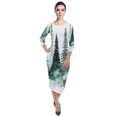 Tree Watercolor Painting Pine Forest Quarter Sleeve Midi Velour Bodycon Dress