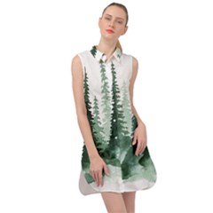 Tree Watercolor Painting Pine Forest Sleeveless Shirt Dress