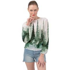 Tree Watercolor Painting Pine Forest Banded Bottom Chiffon Top