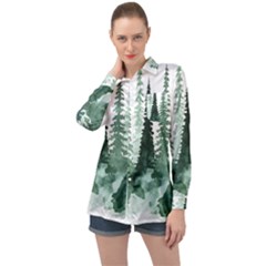 Tree Watercolor Painting Pine Forest Long Sleeve Satin Shirt