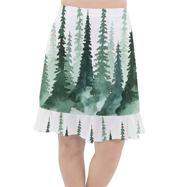 Tree Watercolor Painting Pine Forest Fishtail Chiffon Skirt