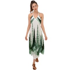 Tree Watercolor Painting Pine Forest Halter Tie Back Dress 