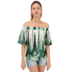 Tree Watercolor Painting Pine Forest Off Shoulder Short Sleeve Top