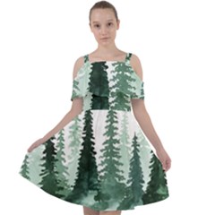 Tree Watercolor Painting Pine Forest Cut Out Shoulders Chiffon Dress