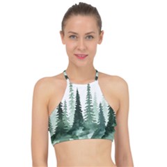 Tree Watercolor Painting Pine Forest Halter Bikini Top