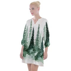 Tree Watercolor Painting Pine Forest Open Neck Shift Dress