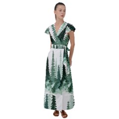 Tree Watercolor Painting Pine Forest Flutter Sleeve Maxi Dress