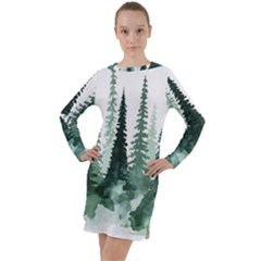 Tree Watercolor Painting Pine Forest Long Sleeve Hoodie Dress
