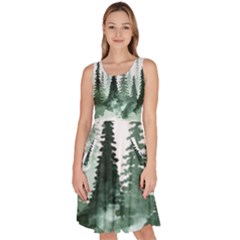 Tree Watercolor Painting Pine Forest Knee Length Skater Dress With Pockets