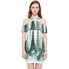 Tree Watercolor Painting Pine Forest Shoulder Frill Bodycon Summer Dress