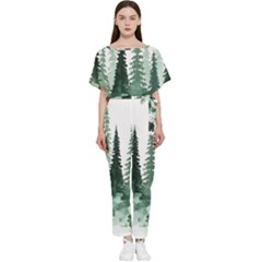 Tree Watercolor Painting Pine Forest Batwing Lightweight Chiffon Jumpsuit