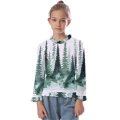 Tree Watercolor Painting Pine Forest Kids  Frill Detail T-Shirt