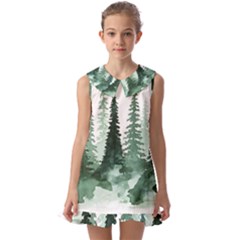 Tree Watercolor Painting Pine Forest Kids  Pilgrim Collar Ruffle Hem Dress