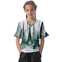Tree Watercolor Painting Pine Forest Kids  V-Neck Horn Sleeve Blouse