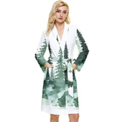 Tree Watercolor Painting Pine Forest Long Sleeve Velvet Robe