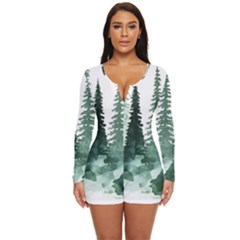 Tree Watercolor Painting Pine Forest Long Sleeve Boyleg Swimsuit by Hannah976