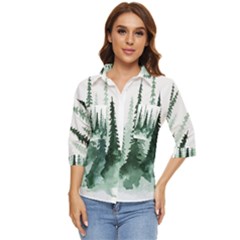 Tree Watercolor Painting Pine Forest Women s Quarter Sleeve Pocket Shirt