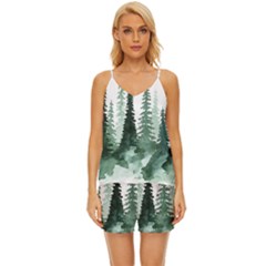 Tree Watercolor Painting Pine Forest V-Neck Satin Pajamas Set