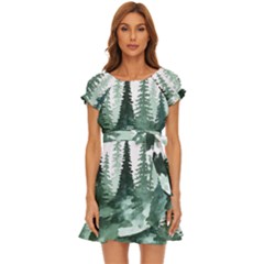 Tree Watercolor Painting Pine Forest Puff Sleeve Frill Dress