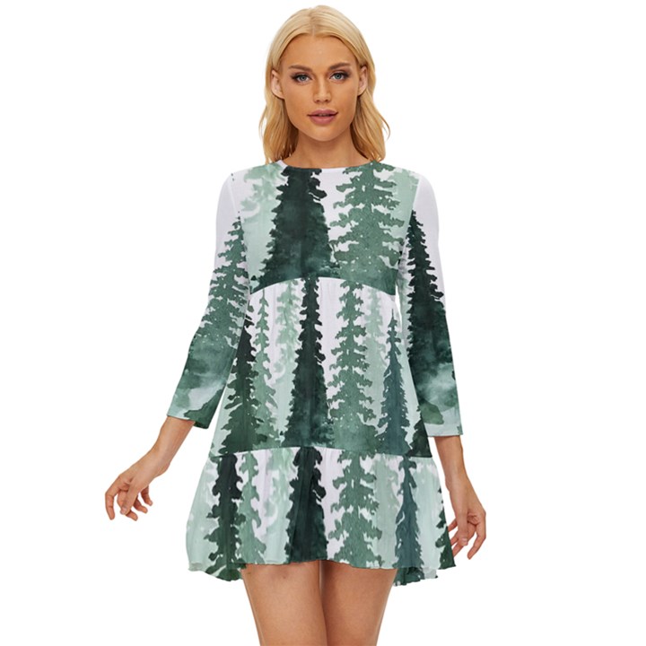 Tree Watercolor Painting Pine Forest Long Sleeve Babydoll Dress