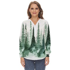 Tree Watercolor Painting Pine Forest Zip Up Long Sleeve Blouse