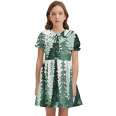 Tree Watercolor Painting Pine Forest Kids  Bow Tie Puff Sleeve Dress